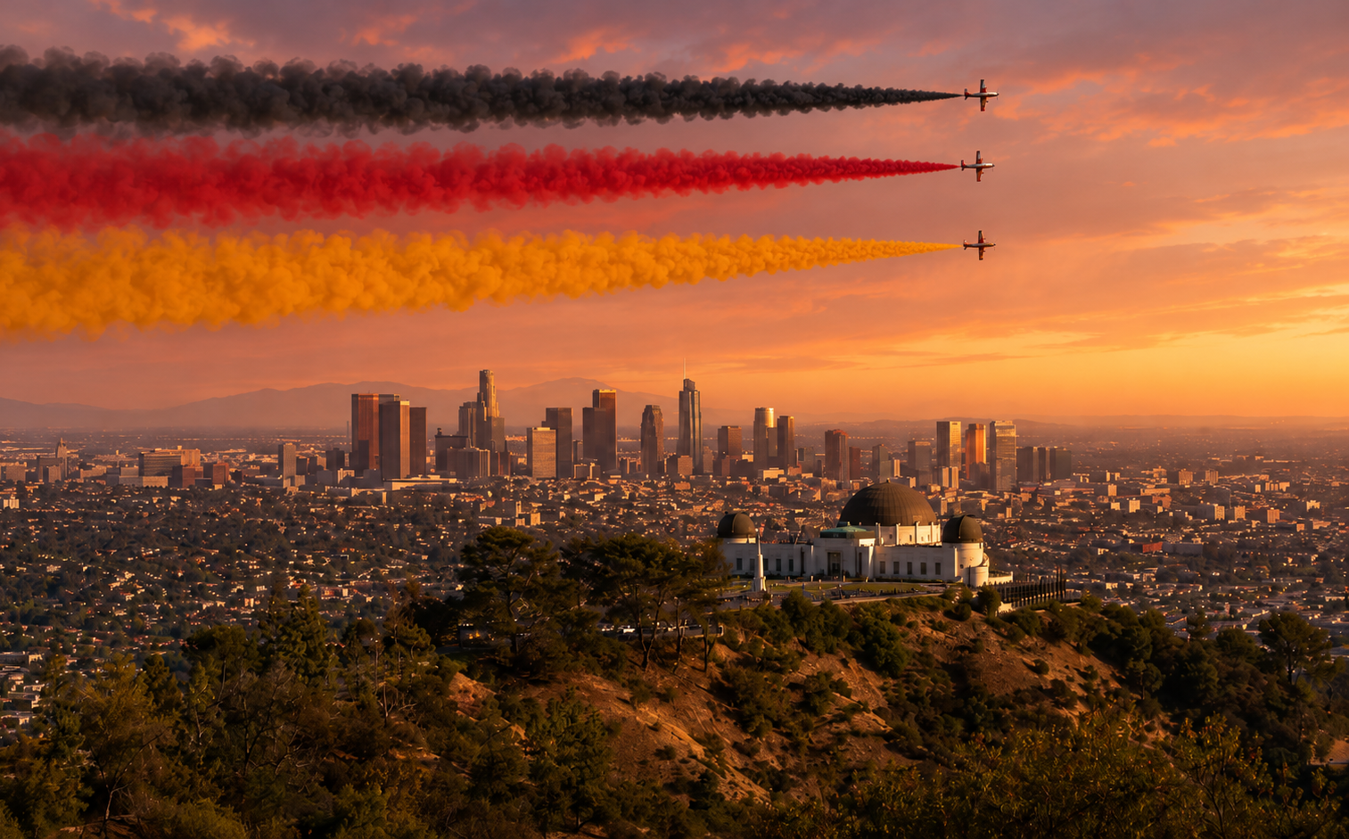 German flag smoke trails over the Los Angeles skyline and Griffith Observatory at sunset